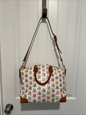 Dooney & Bourke Vintage  White Multicolor Logo Satchel with Brown Trim and Strap